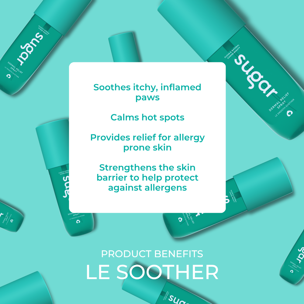 Sugar Dermal Relief Spray bottles with listed skin soothing and allergy relief benefits