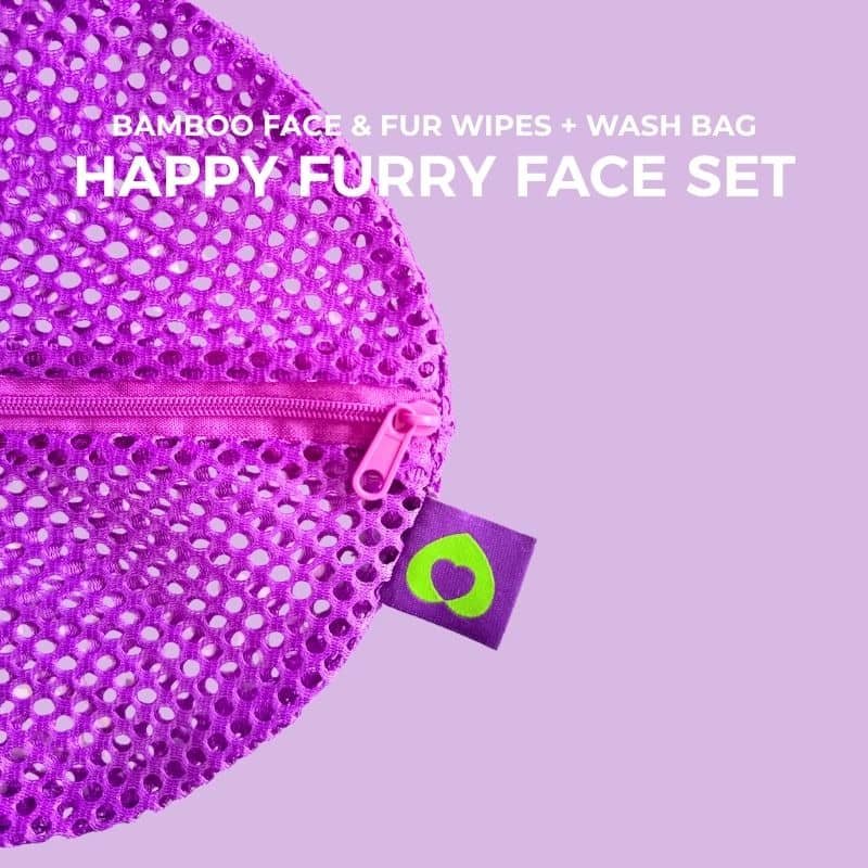 Sugar Happy Furry Face mesh wash bag set for reusable bamboo dog wipes