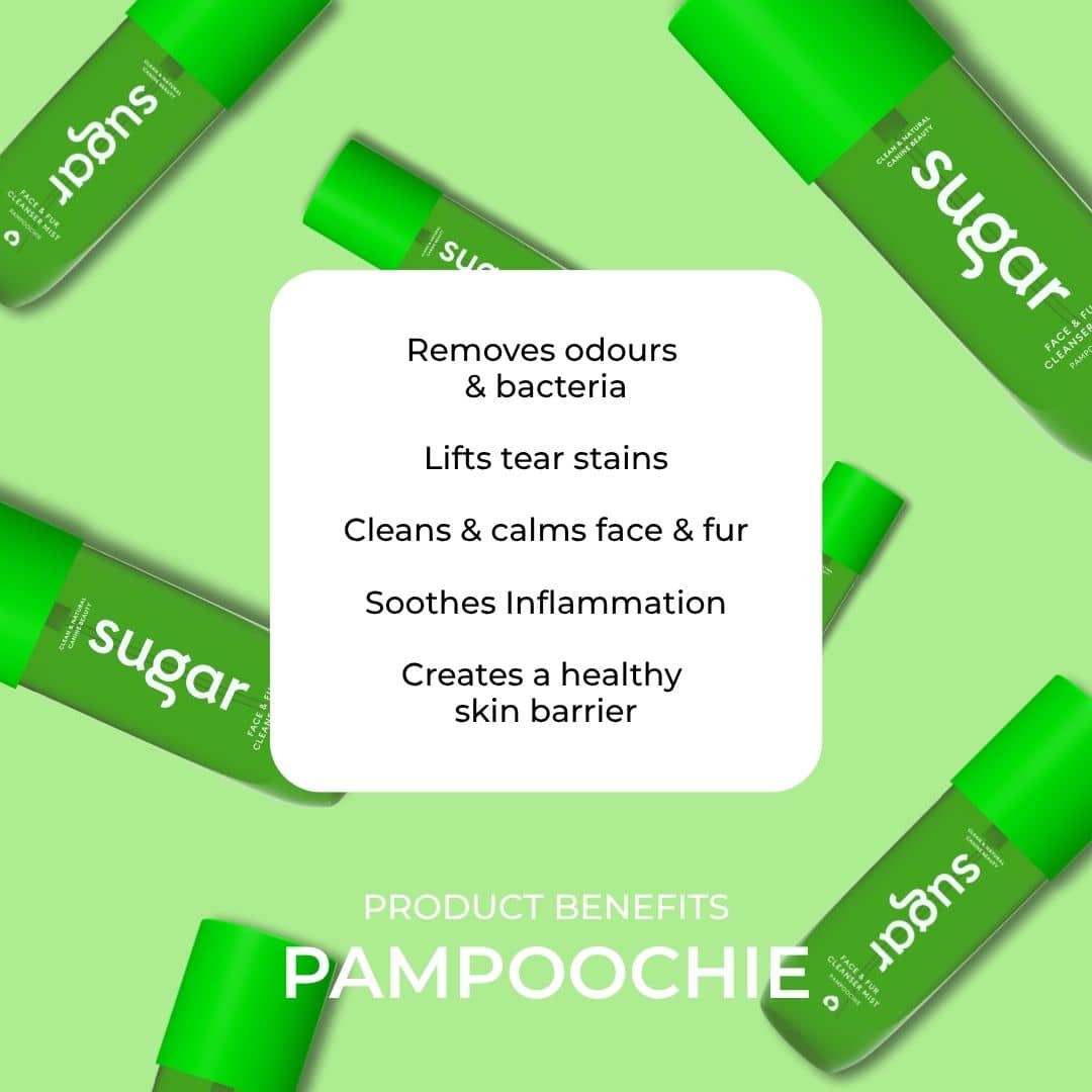 Sugar dog face and fur cleanser bottle with listed benefits for tear stains, ears, skin barrier care