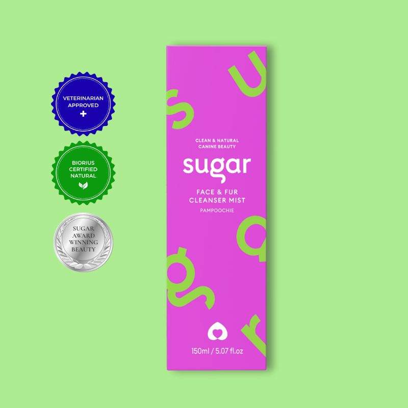 Box packaging of Pampoochie natural dog face and fur cleansing mist by Sugar, certified natural skincare for dogs