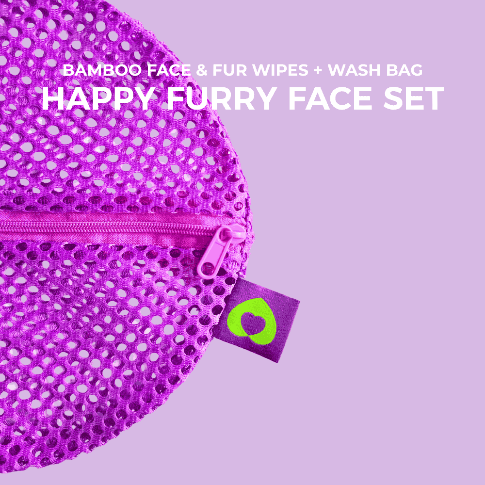 Sugar Happy Furry Face Set with purple wash bag for reusable dog face & fur cleansing wipes.