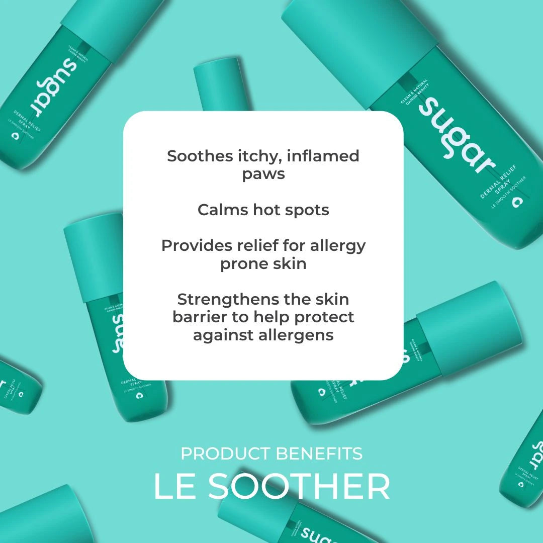 Sugar Dermal Relief Spray bottles with listed skin-soothing and allergy-relief benefits