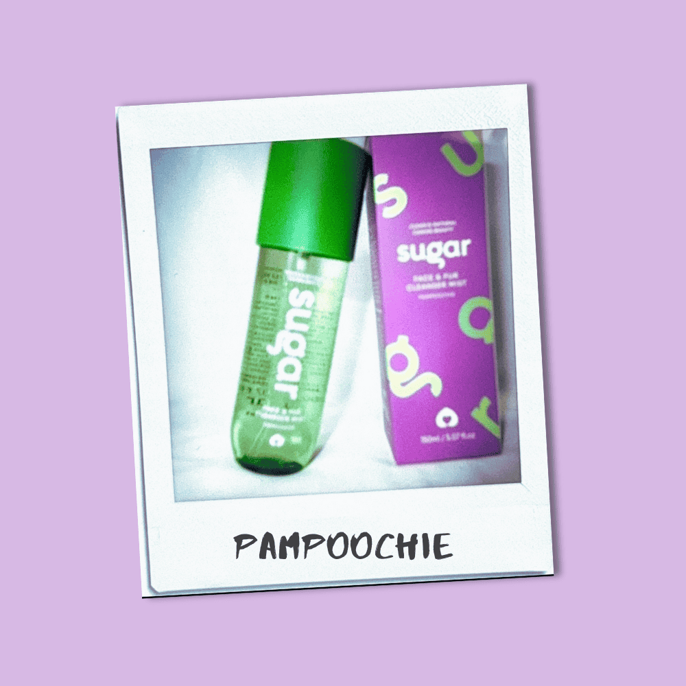 Pampoochie neon green and purple dog cleanser sprays side by side