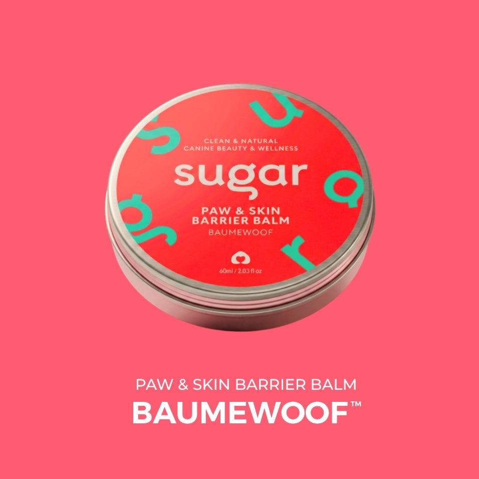 Sugar BaumeWoof paw and skin barrier balm tin and packaging