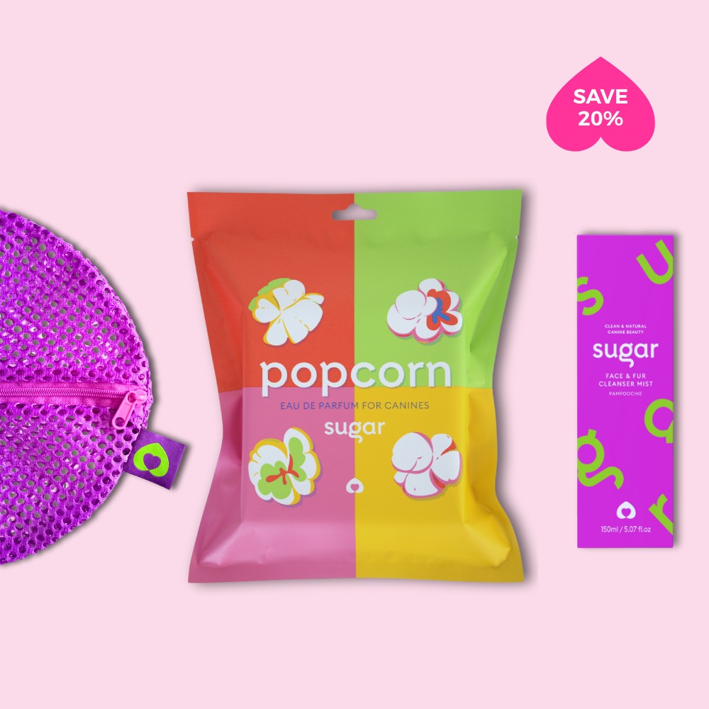 Sugar POPCORN dog perfume and Pampoochie cleansing mist from the Kissable Collection