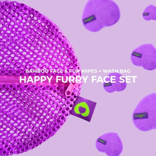 Sugar Happy Furry Face set: reusable bamboo dog face wipes with mesh wash bag