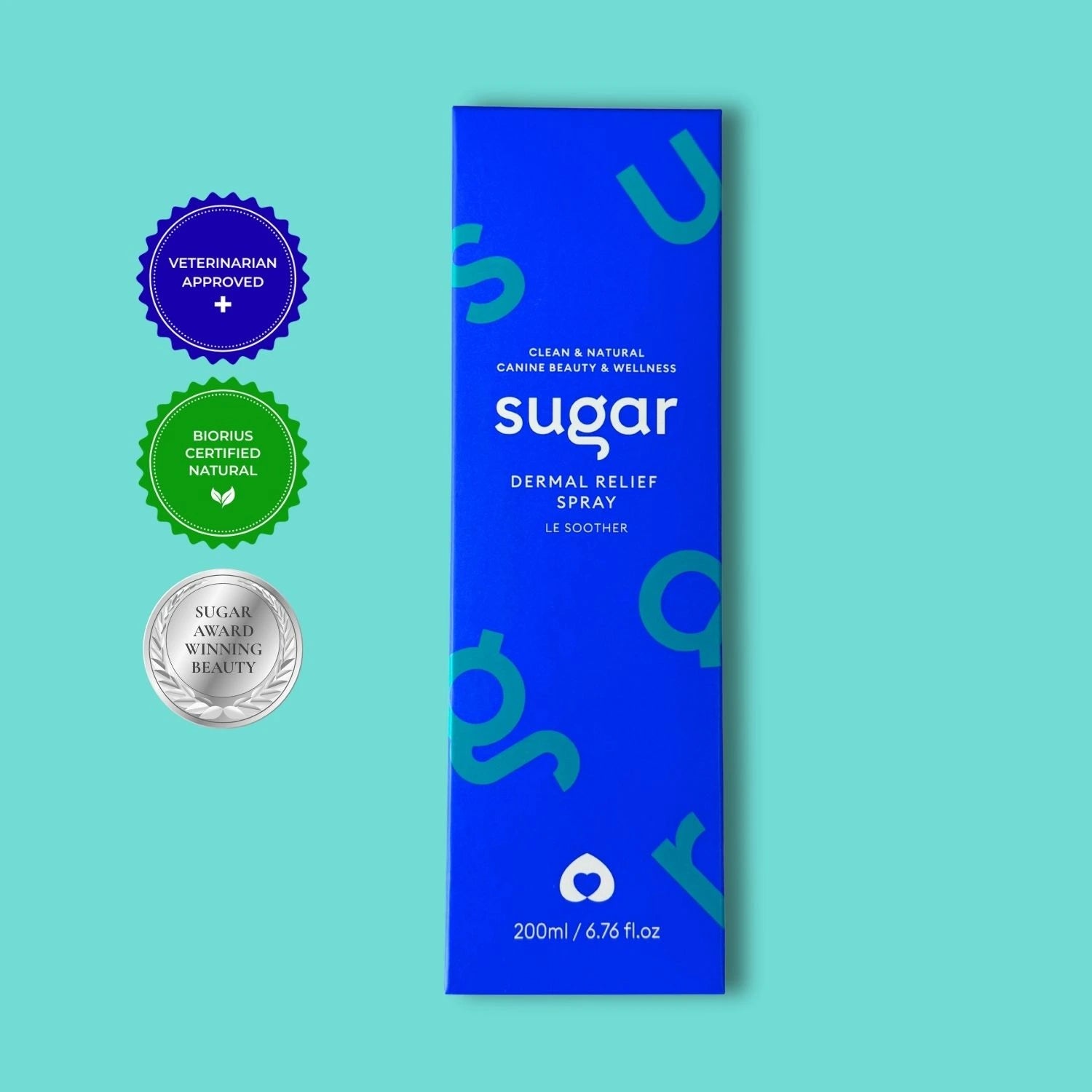 Sugar Dermal Relief Spray in blue packaging, certification icons visible, teal backdrop